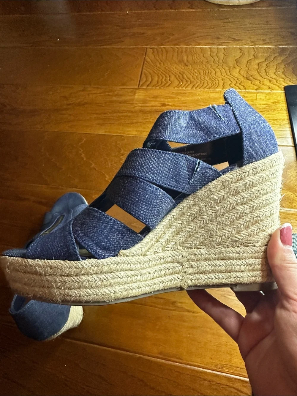 Denim Blue Strappy Zip Front Wedge Sandals - Women Size 7